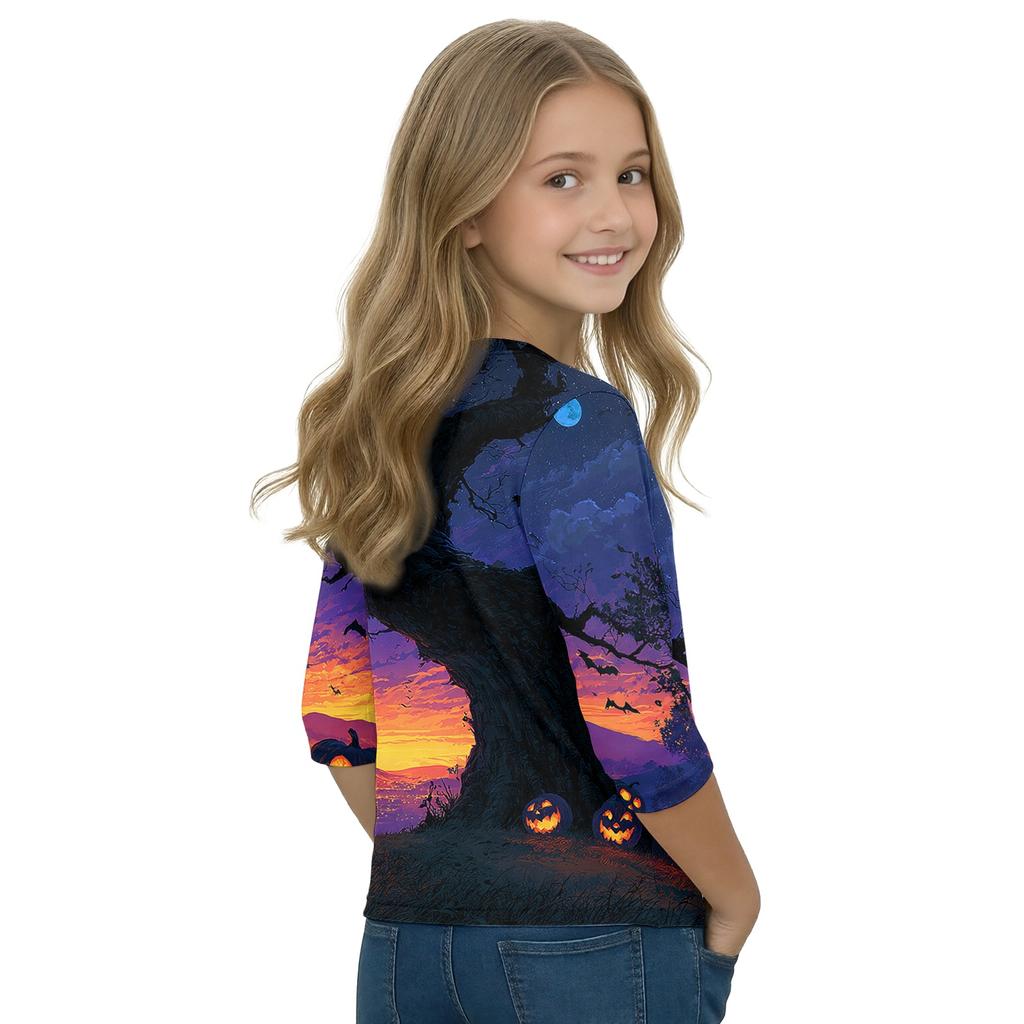 Kids Halloween Three-Quarter Sleeve Round Neck T-Shirt with Pumpkin Witch Print Casual Daily Wear