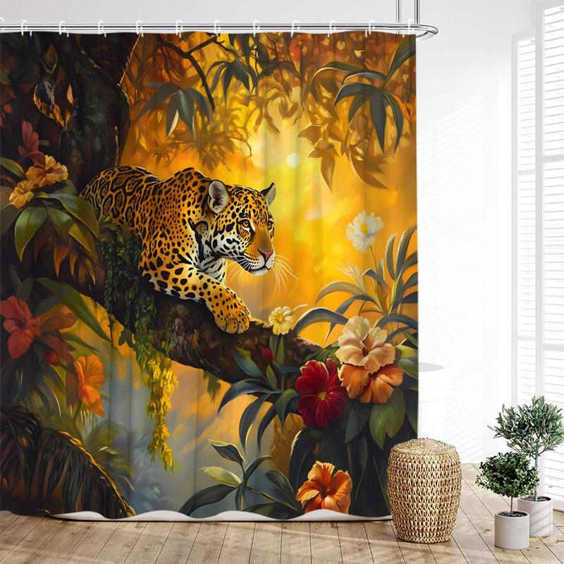 Tropical Jungle Leopard Shower Curtains Wild Animals Floral Green Plants Modern Fabric Home Bathroom Curtain Decor With Hooks