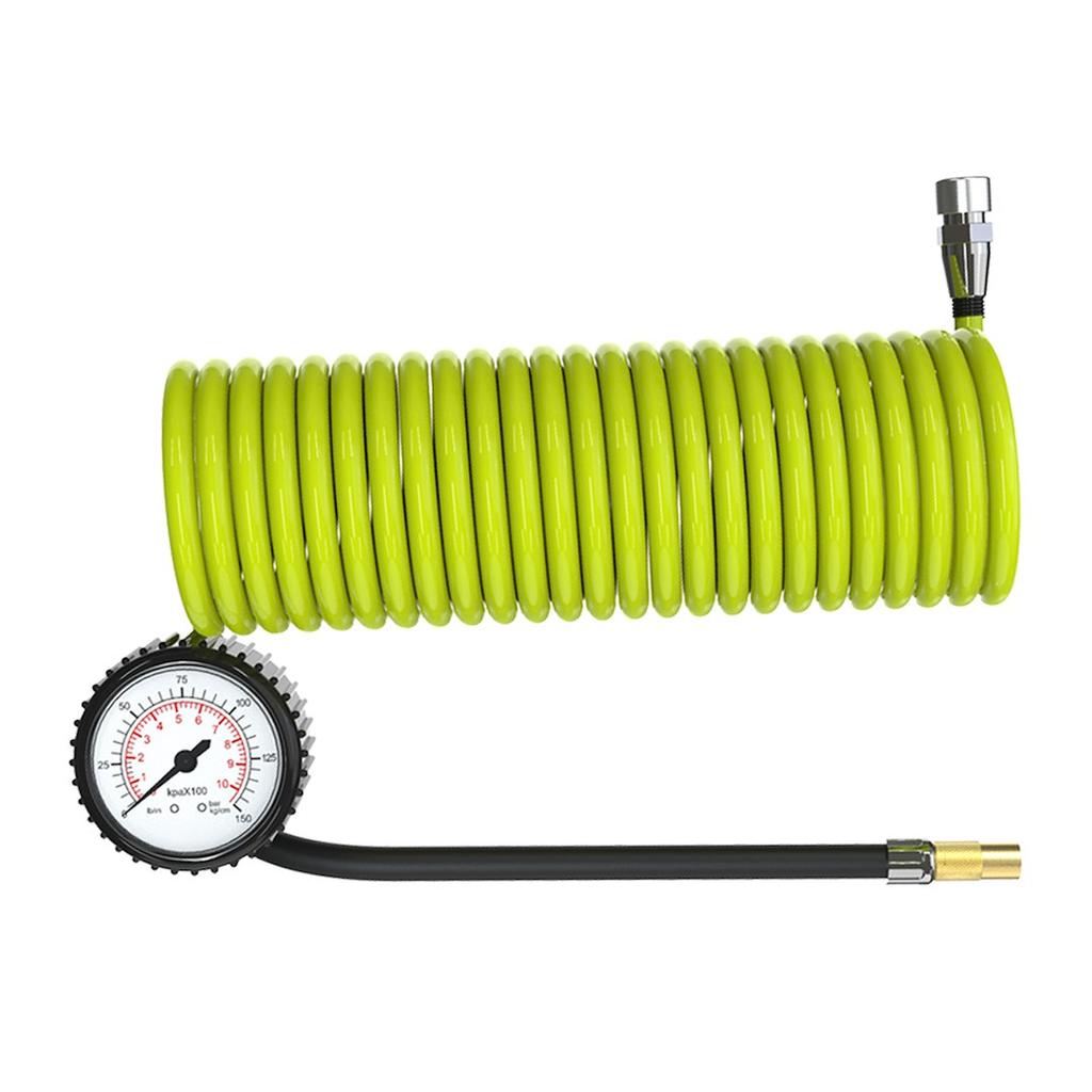 Kompresor powietrza tłokowy 12V, 10 BAR, wąż spiralny 400 cm z analogowym ciśnieniomierzem, 4 adaptery