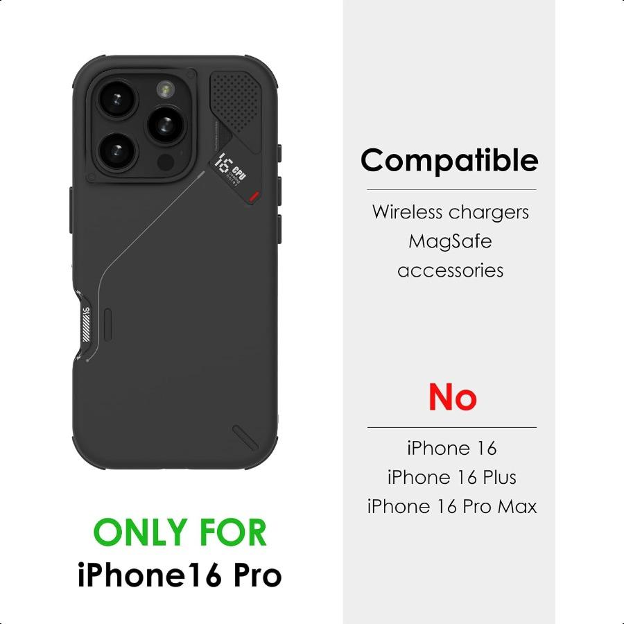 

Противоударный чехол Aulumu A16 для iPhone 16 Pro, Настоящий охлаждающий каркас камеры из алюминиевого сплава, Многослойная композитная защита, Черный United States