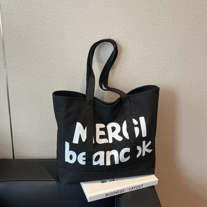 

Small fresh letter printed shoulder bag women s bag new large capacity lightweight tote bag college student canvas bag чёрный