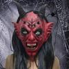Horned Devil Mask with Long Black Hair and Hood - Red Face Scary Halloween Carnival Accessory