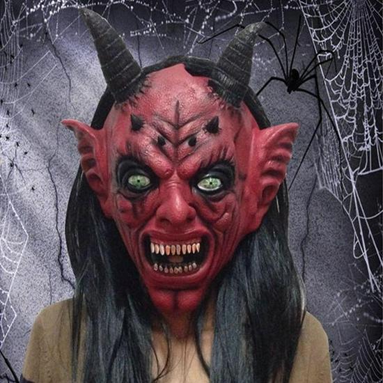 Horned Devil Mask with Long Black Hair and Hood - Red Face Scary Halloween Carnival Accessory