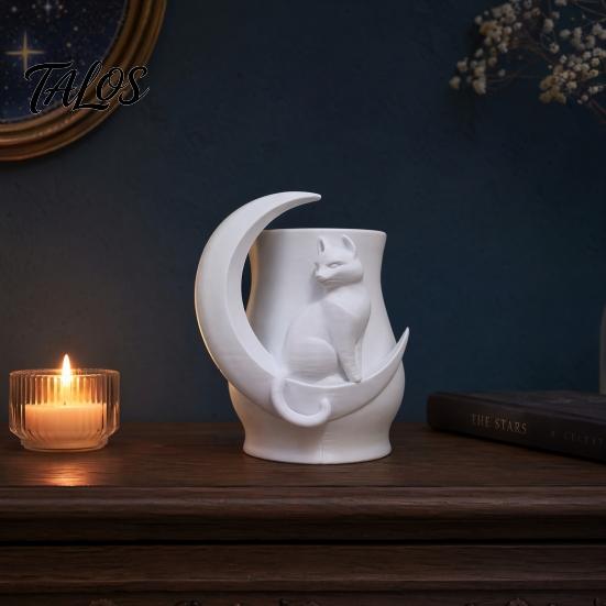 3D Printed Moon Cat Vase, Decorative Fresh/Dried Flowers Vase, Minimalist Pen & Makeup Brush Storage Holder, Unique Desktop Decor Gift for Cat Lovers