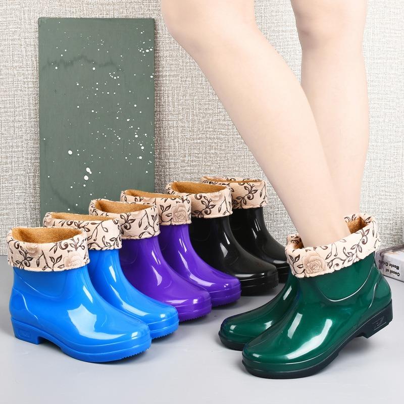 Short rain shoes women's solid color fashion velvet short water shoes rain boots sole tube work rubber shoes four seasons labor insurance
