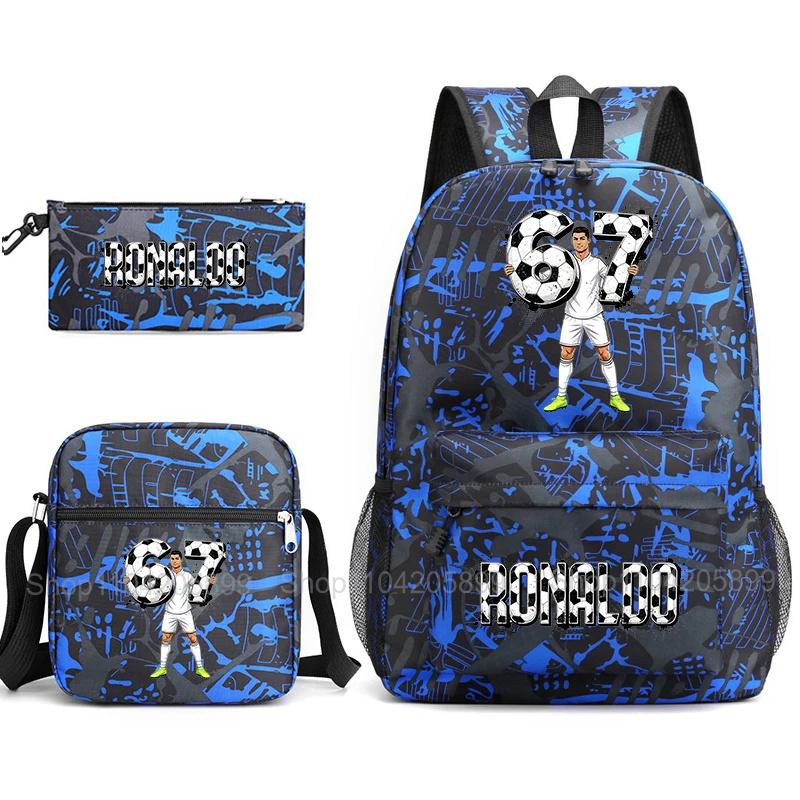 CR7 Ronaldo Backpack Football 67 Print School Bag With Shoulder Bag & Pencil Case For Student Boys Gift Daily Travel Rucksack