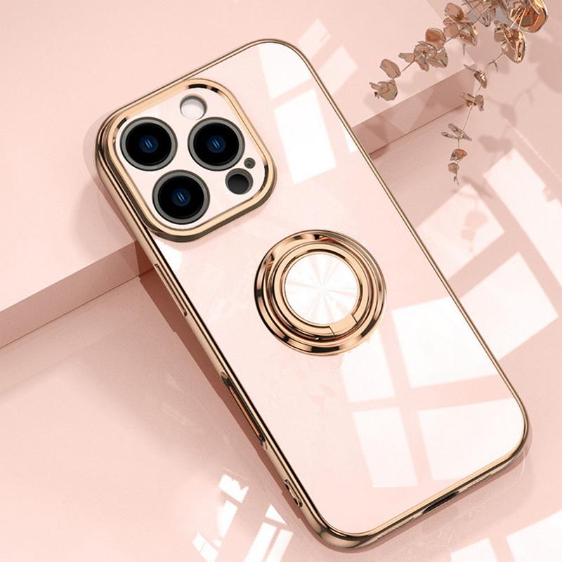 

Однотонный глянцевый чехол-держатель для кольца на палец для iPhone 16 Pro Max 15 Pro 14 13 12 11, роскошное покрытие, мягкий противоударный чехол для защиты линз из ТПУ iPhone 16 Pro светло-розовый