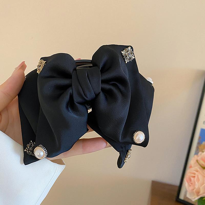 French Pearl Bow Knot Hairpin Grab Clip Hair Claw For Women Versatile Shark Clip Hair Accessories