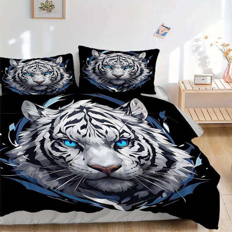 3pcs Blue Eyed White Tiger Bedding Set - Includes 1 Quilt Cover and 2 Pillowcases, Comfortable Bedding with Stylish Design for Bedroom, Mach