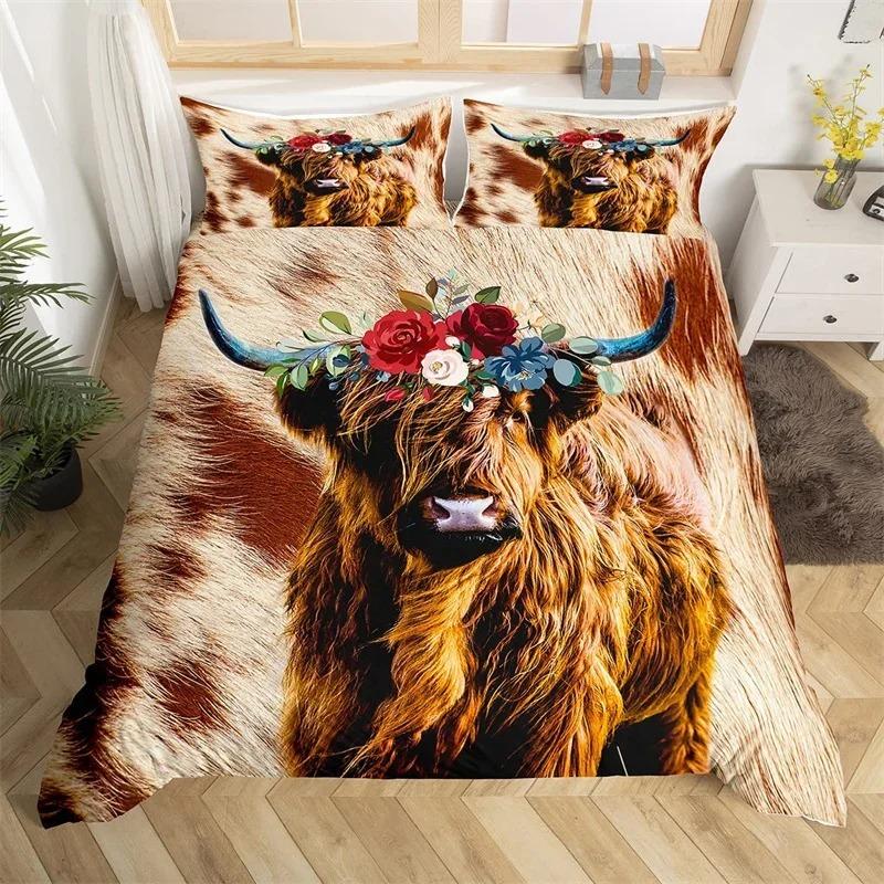 Highland Cow Duvet Cover King Queen Western Farm Animal Comforter Cover Microfiber Bull Cattle Floral Bedding Set For Kids Teen