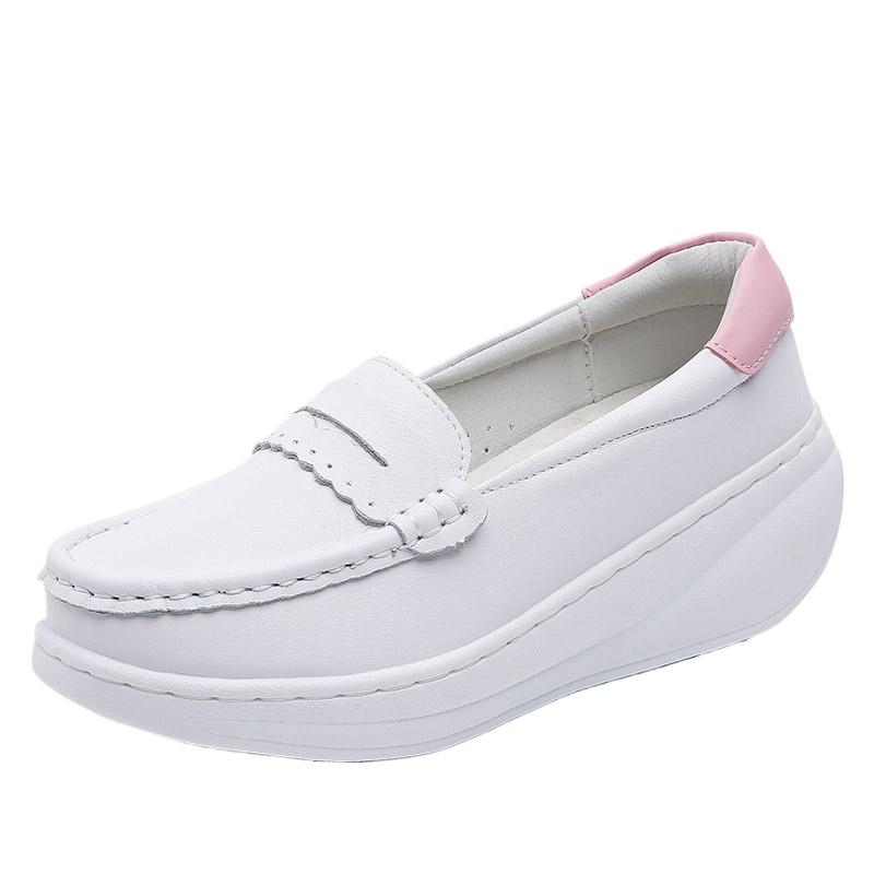 2025 White Genuine Leather Platform Loafers Women Nurse Shoes Round Toe Slip-on Thick Flats Breathable Soft Cowhide Chunky Mujer