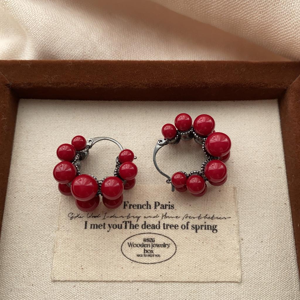 Retro Red Beaded Earrings, Earrings, Retro Hong Kong-style High-end Earrings, Classic Socialite, Elegant Lady, Versatile Temperament