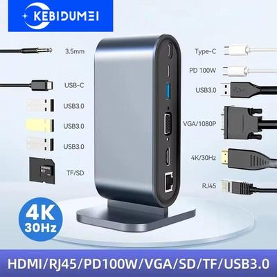 12 in 1 USB C Dockingstation Typ C zu HDMI Adapter 4K HD PD 100W VGA RJ45 3,5mm SD TF USB 3.0 Splitter für Laptop MacBook