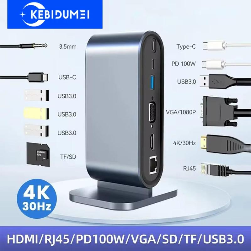 Kebidumei 12 In 1 Usb C Docking Station Type C To Hdmi Adapter 4K Hd Pd 100W Vga Rj45 3.5Mm Sd Tf Usb 3.0 Splitter For Laptop Macbook