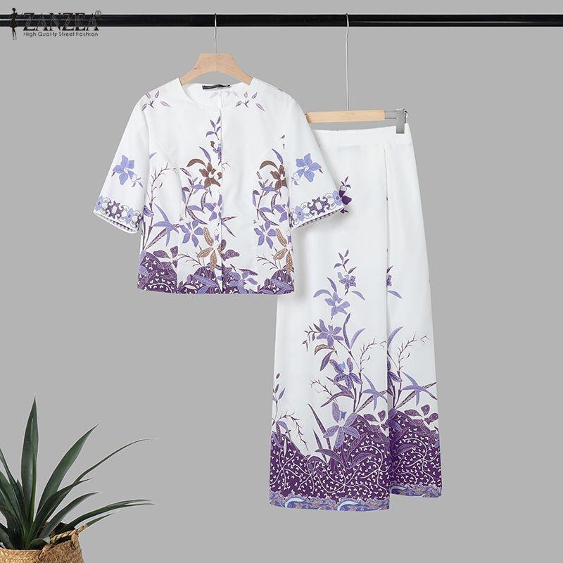 ZANZEA Women Half Sleeve Blouse and Midi Skirts Retro Print Casual Two Piece Suit Sets
