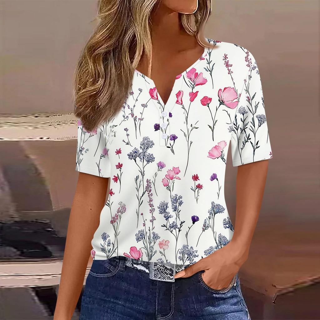 Women's T Shirt Tee Print Button Short Sleeve Tunic Daily Weekend Fashion Basic V- Neck Regular Top