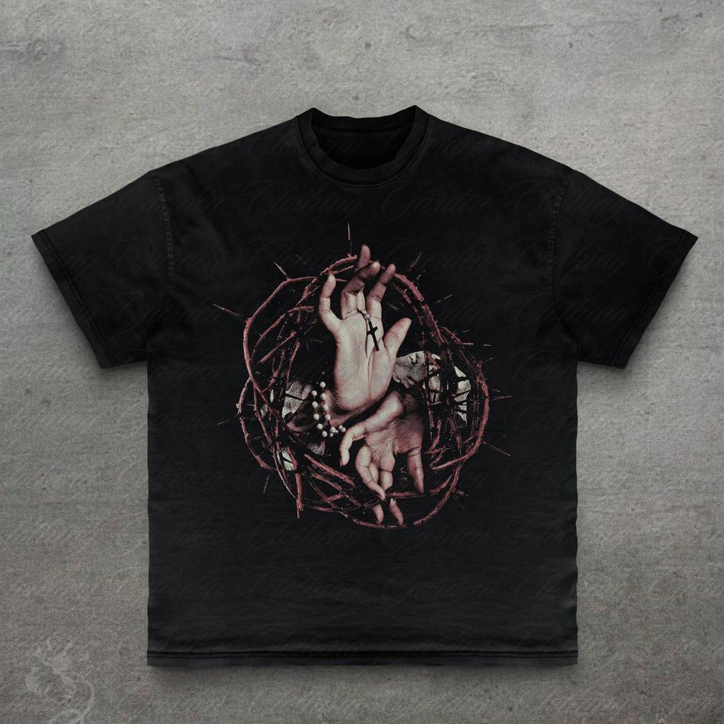 Goth Rosary Graphic Tee, Vintage Style Gothic T-Shirt for Men Women, Dark Occult Thorn Cross Top, 90s Vintage Style Streetwear Shirt, Unisex