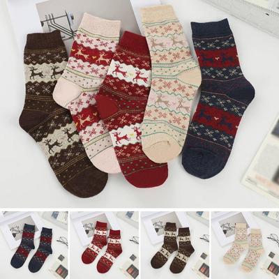 5 Paires Chaussettes Chaudes d'Hiver pour Femmes Mode Rétro Mi-mollet Impression Cerf Épaisses Laine de Lapin Mouton Chaussettes de Noël Élan Chaussette du Nouvel An