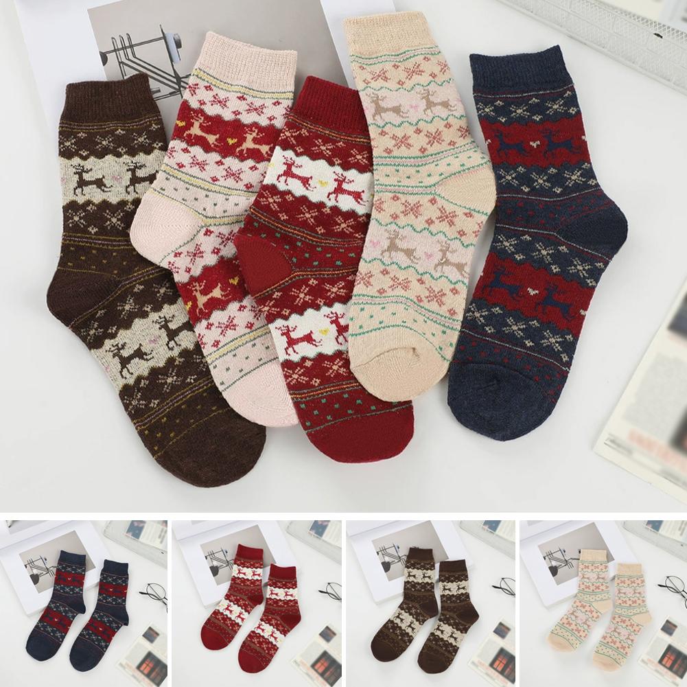 5 Paar Niedliche Rentier Schneeflockenmuster Damen Mid-Tube Socken für Weihnachten Winter Dick und Warm Hausbodensocken