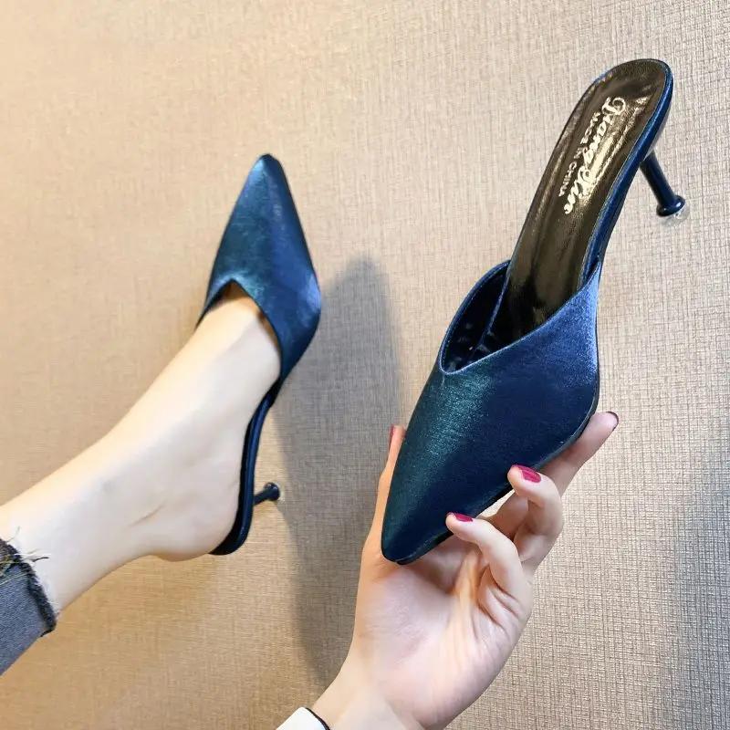 Fashion Blue Heeled Sandals 2025 Luxury Designer Woman Slippers Trend Clappers New Fashion Slides Comfortable and Elegan Shoes for Women