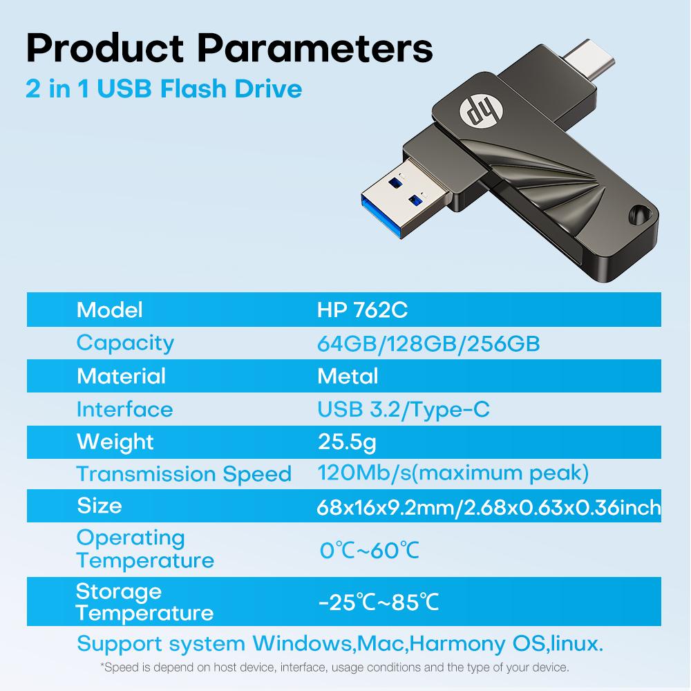 HP X762C USB3.2 OTG Type C Metal Usb Flash Drive 64GB/128GB/256GB for Pc Smartphone Tablet