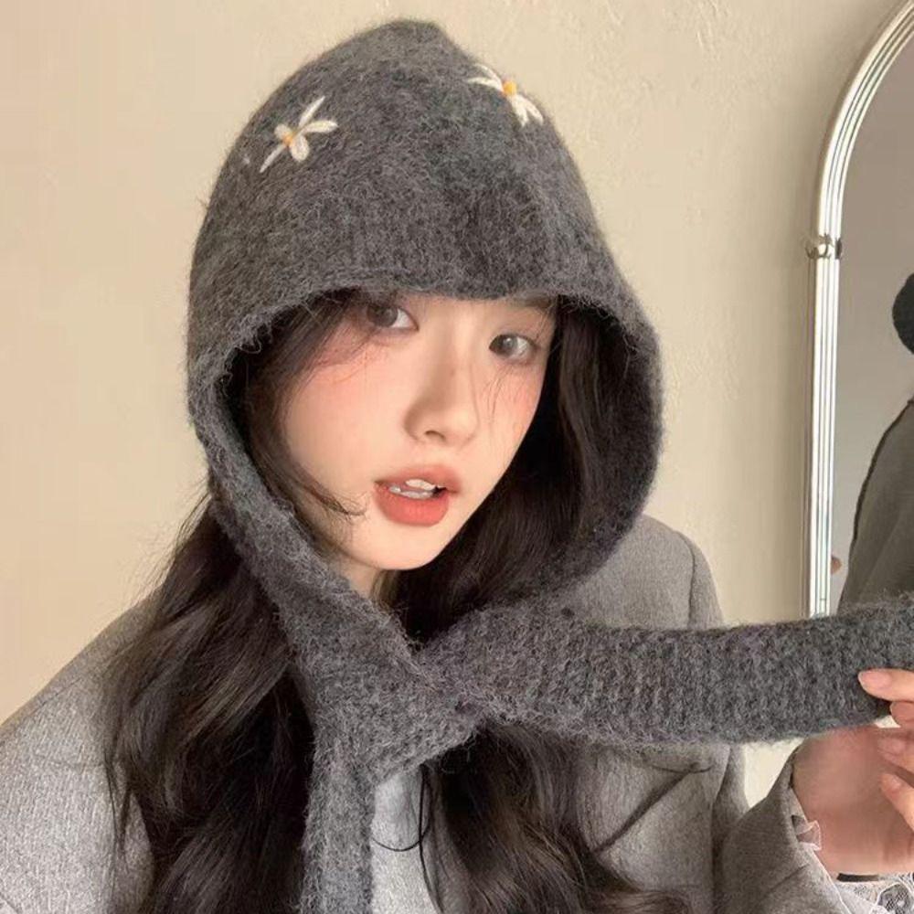 Woolen Neck Collar Beanies Cap Embroidered Flowers Pullover Cap Cute Knitted Balaclava Hat Female