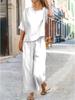 2026 Summer Women's Elegant Casual Solid Color Two-Piece Set: Round Neck Short Sleeve T-shirt & Long Pants