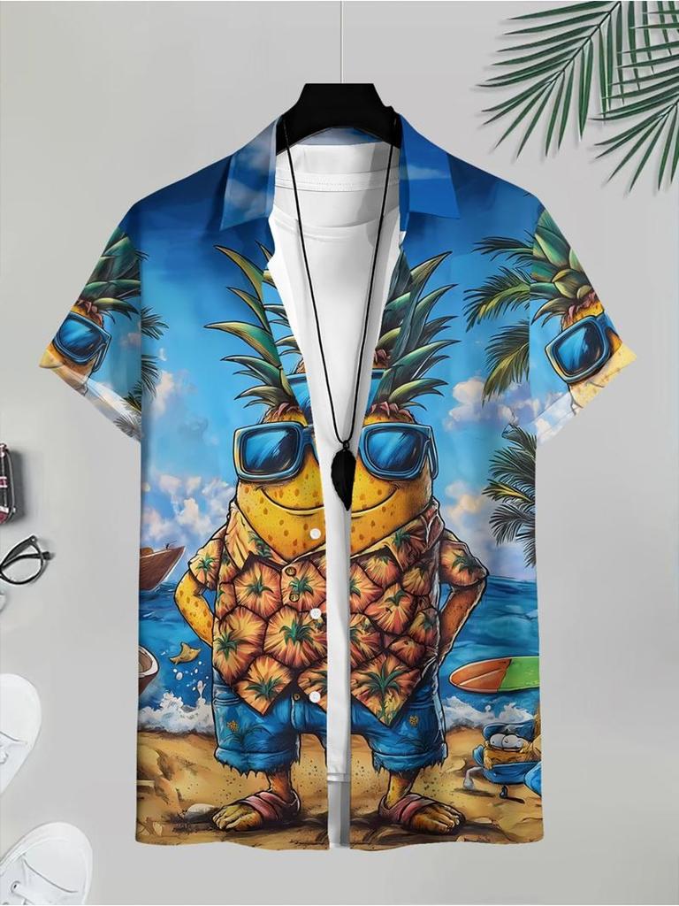 Men's Casual Short - Sleeve Shirt, Pineapple Pattern Printed, Polyester Material, Mixed Color, Multiple Specifications Available, Stylish for Daily
