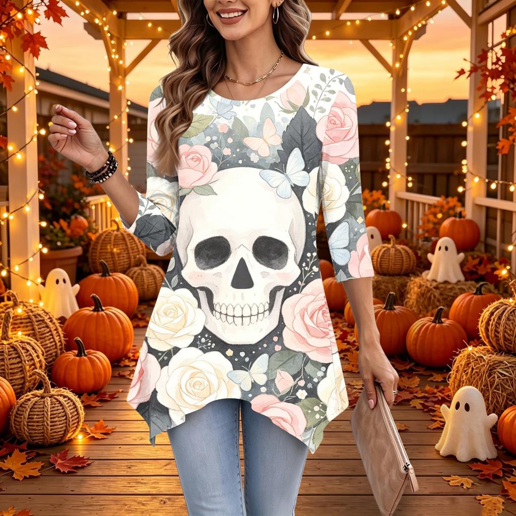 Women's Casual Halloween Print Top, Loose Fit Three-Quarter Sleeve