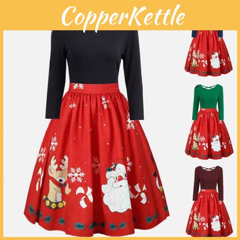 Elegant Womens Fashion Long Sleeve Plus Size Christmas Print Criss Cross Party Dress