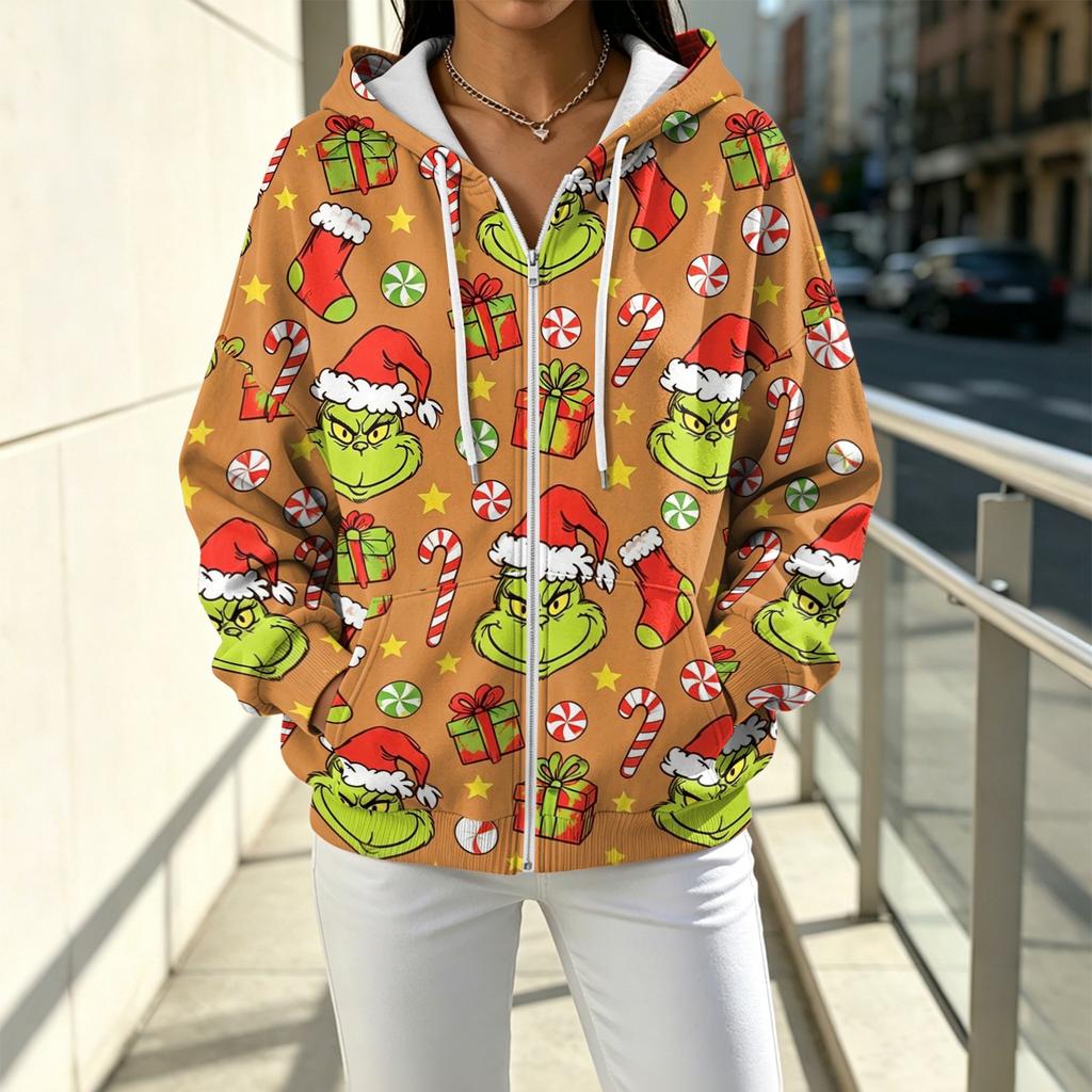 Women's Casual Loose Fit Printed -Lined Hooded Zip-Up Cardigan