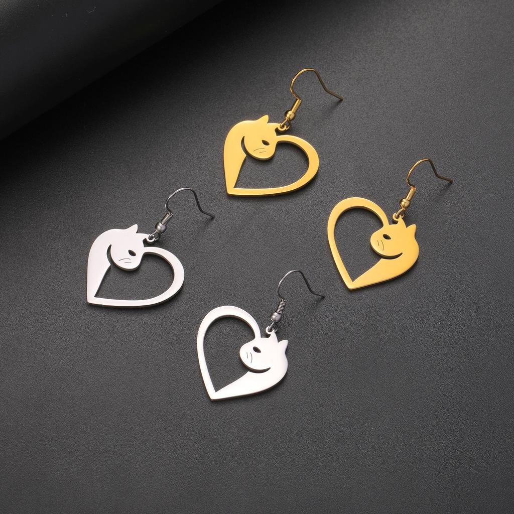 Cazador Cute Cat Kitten Heart Pendant Earrings Stainless Steel Gold Color Animal Drop Earrings for Women Jewelry Birthday Gift