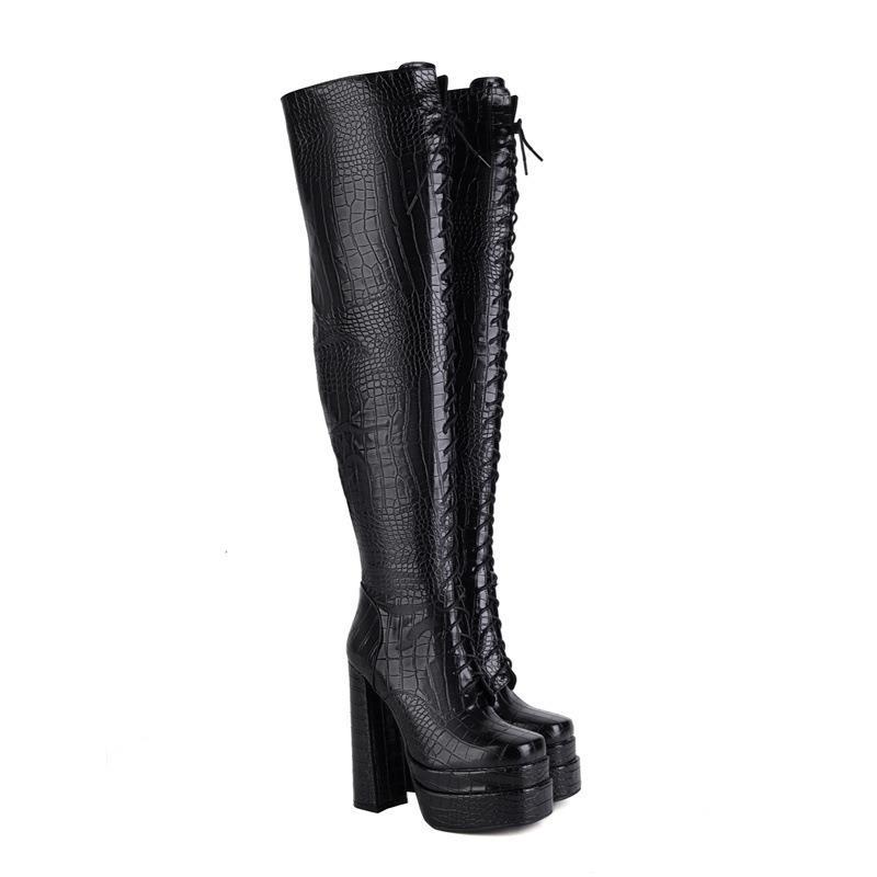 Women Autumn Winter Lace-Up Long Boots for Woman Round Toe Crude Heels Over The Knee Botas Mujer Party Platform Shoes