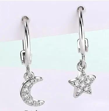 

925 Sterling Silver Crystal Star Moon Stud Stud Earrings For Women Kids Wedding Jewelry boucle d oreille Hypoallergenic