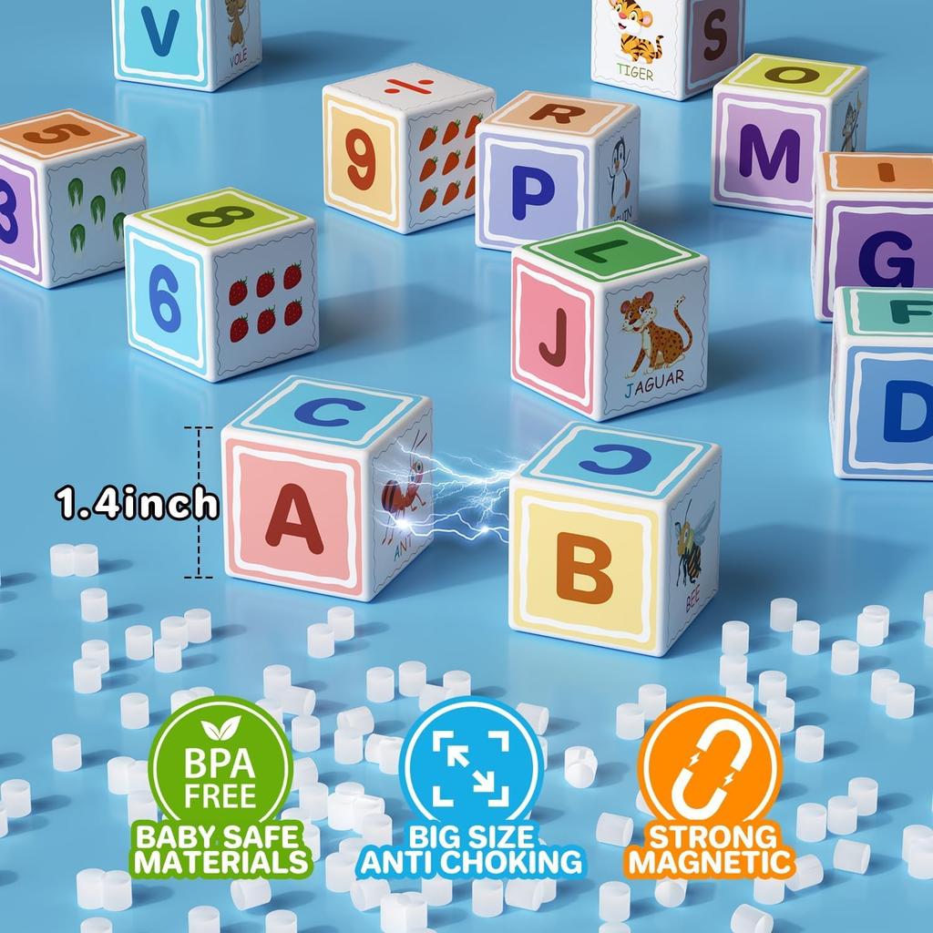 Magnetic Blocks ABC 123 Alphabet Colorful Printed, Building Blocks for Toddler 1-3, Magnet Cubes Sensory Toys, Preschool Early Learning