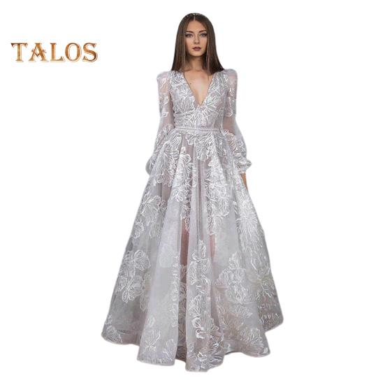 

Женское вечернее платье с глубоким V-образным вырезом, кружевным цветочным узором, макси-платье А-силуэта, с длинными рукавами-фонариками, с высокой талией, плиссированное бальное платье для выпускного вечера XL белый