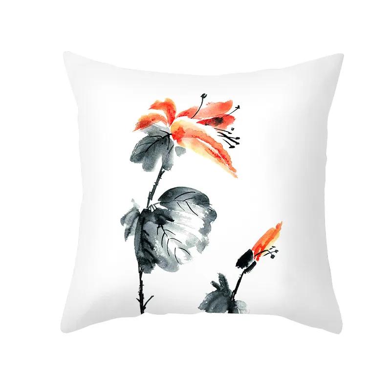 Plant Printed Pillow Pattern White Cushion Cover for Home Living Room Sofa Decoration Polyester