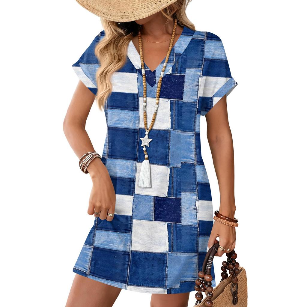 Short Sleeve Women's Dress Casual Dresses With Pockets V Neck Vocation Boho Beach Sundress