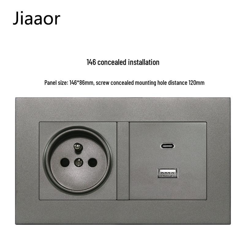 16A Grau Französische Doppel-Gang-Schalter- & Steckdosenleiste mit USB+Typ C, Unterputzmontage, Typ 86
