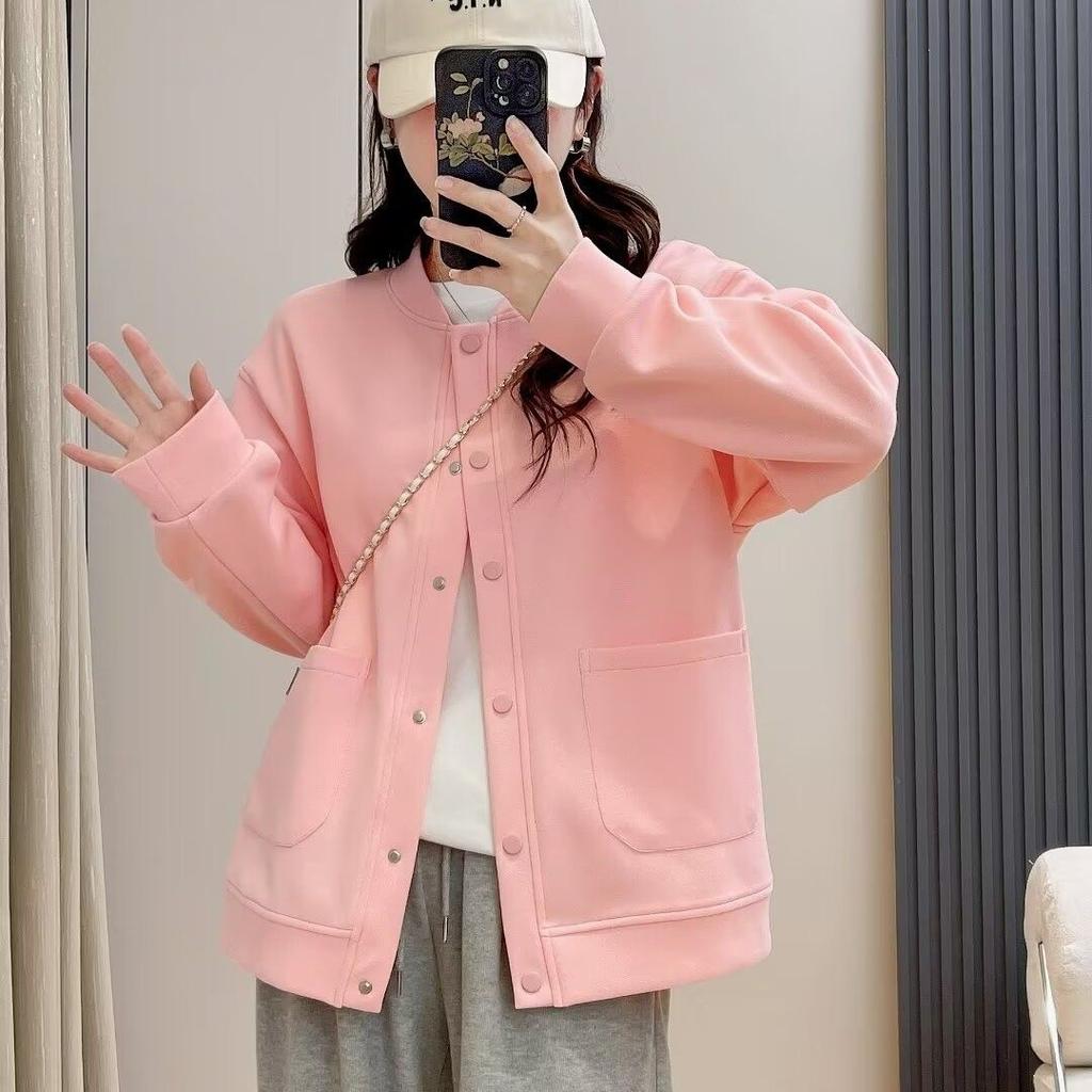 Dámská nadměrná mikina s fleecovou podšívkou v korejském stylu, kardiganová bunda s dlouhým rukávem, volná, zeštíhlující, všestranná, ležérní baseballová bunda na podzim