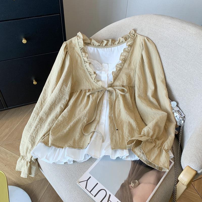 

Корейская Повседневная Блузка Топ с Кружевным Воротником-рюшем для Женщин, Осенняя Женская Мода, Имитация Двойки, Кружевная Блузка с Длинным Рукавом на Шнуровке S