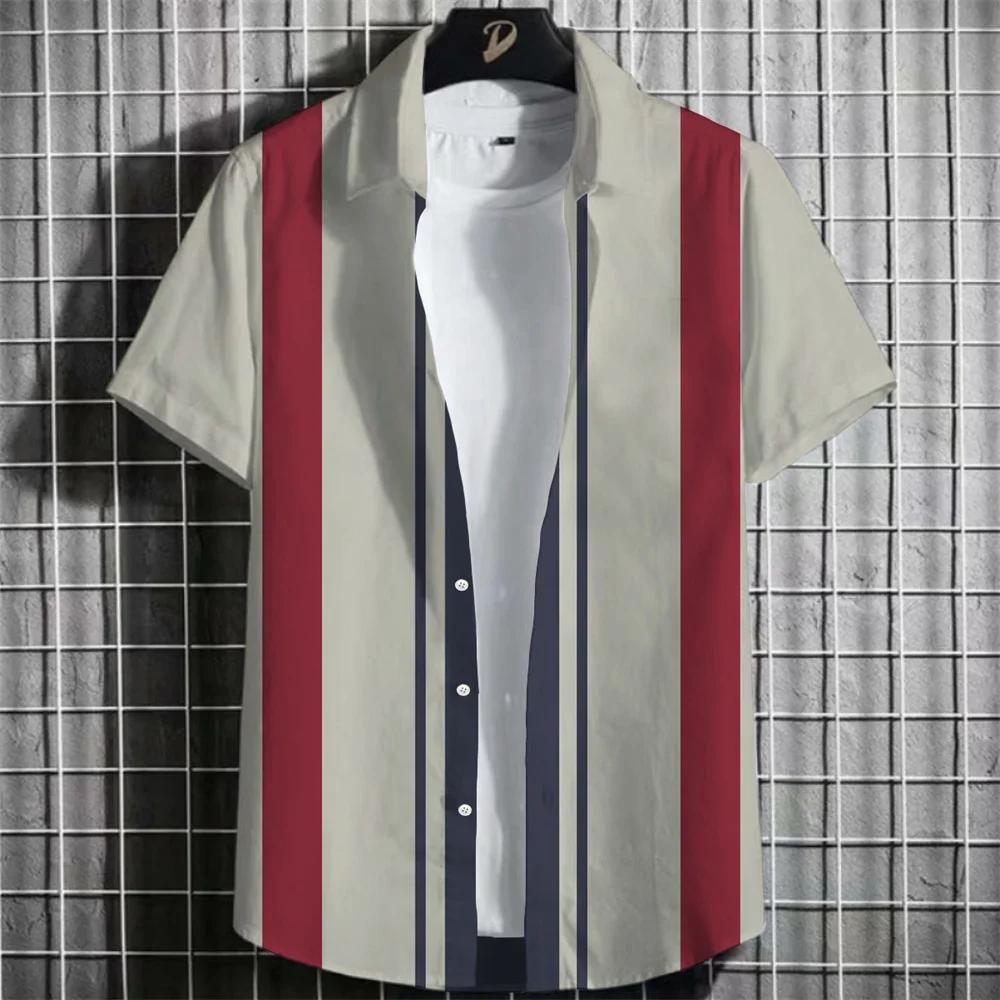 Spring Summer Men Clothes Short Sleeve Stripe Shirt 3D Digital Print Casual Tops