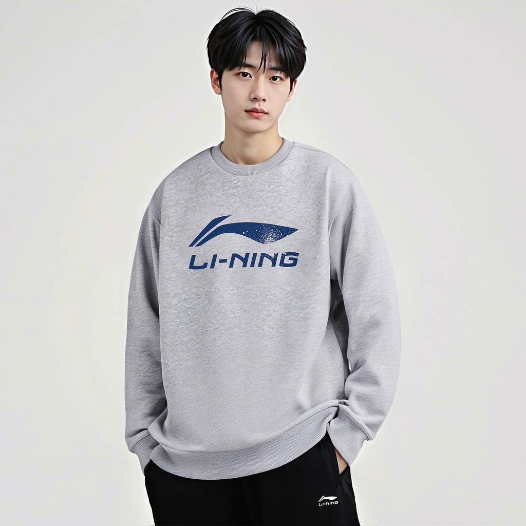 Li Ning Sweatshirts Men's Heather Gray Geologic Gray Mixed Color Crew Neck Moderate AWDVJ29-2