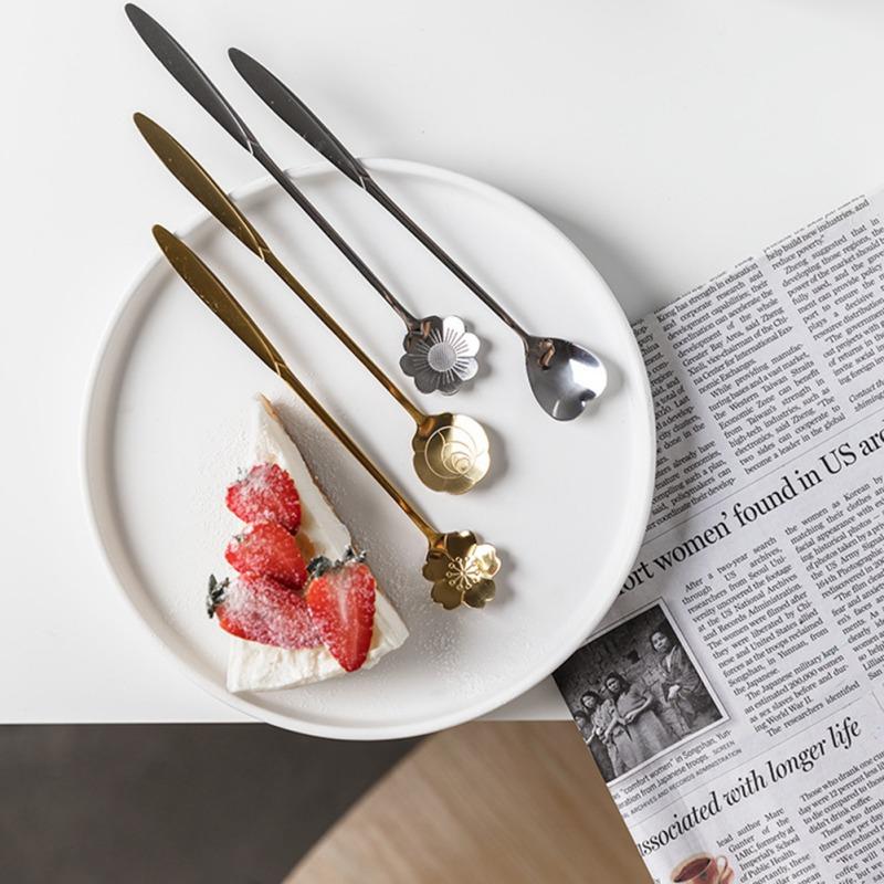 Stainless Steel Tea Spoons Set Gold Silver Flower Coffee Spoon Honey Dessert Ice Cream Scoop Long Handle Teaspoon Tableware