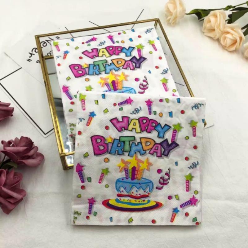 Birthday Napkins, 33cm 2-Ply with Blue Cake & Happy Birthday Text for Kids Baby Birthday Party Decor