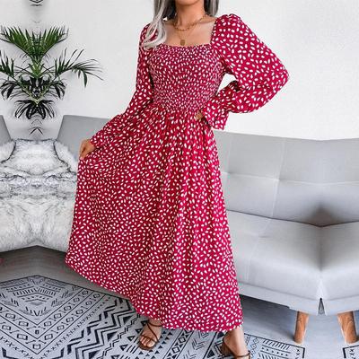 Outono inverno decote quadrado manga comprida uma linha plissada vestido longo estampado S-XL