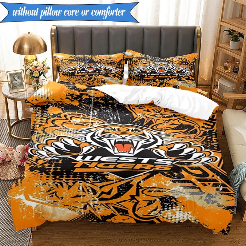 3PCS Wests Tigers Roar Strength And Pride Bedding Set 2D Printing (Includes 1 Duvet Cover + 2 Pillowcases Coreless), Bedroom decor,Fan gift