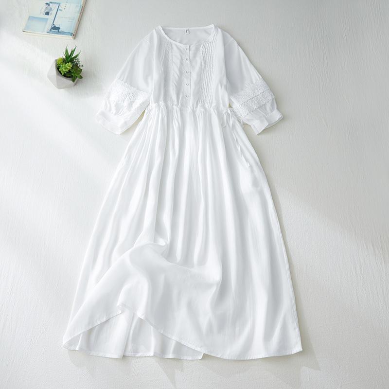 

Платье из хлопка и льна с плиссировкой, однотонное, женское, осеннее, новое, свободное и тонкое, с небольшим воротником-стойкой, рукавом семь четвертей, элегантное длинное платье 2XL белый