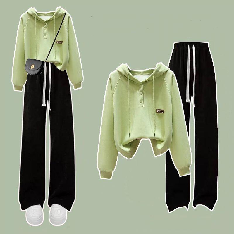 

Spring Suit Women s Korean Version of Loose College Style Hooded Sweater + Casual Wide-leg Pants Two-piece Suit XS зелений
