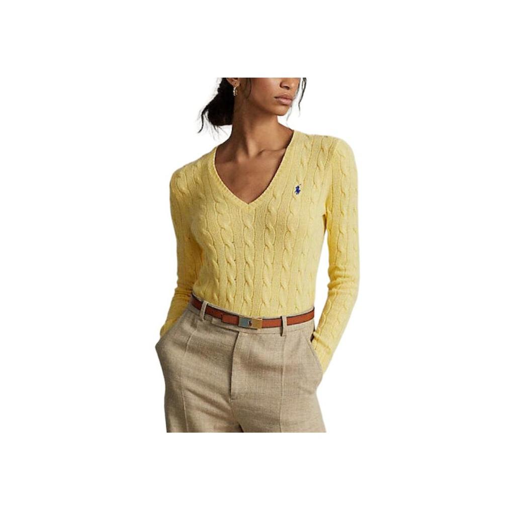 Maglione da donna Polo Ralph Lauren a tinta unita con scollo a V, taglio dritto e maniche lunghe, colore Giallo Chiaro 211910422-008